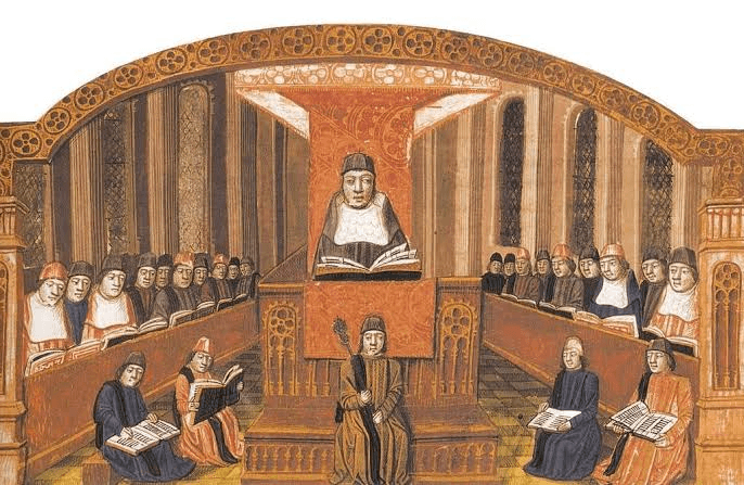 A university lecture hall, centuries before the written exam. The degree wasn't proven on paper — it was proven out loud, in front of the room.
